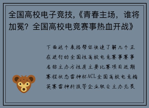 全国高校电子竞技,《青春主场，谁将加冕？全国高校电竞赛事热血开战》